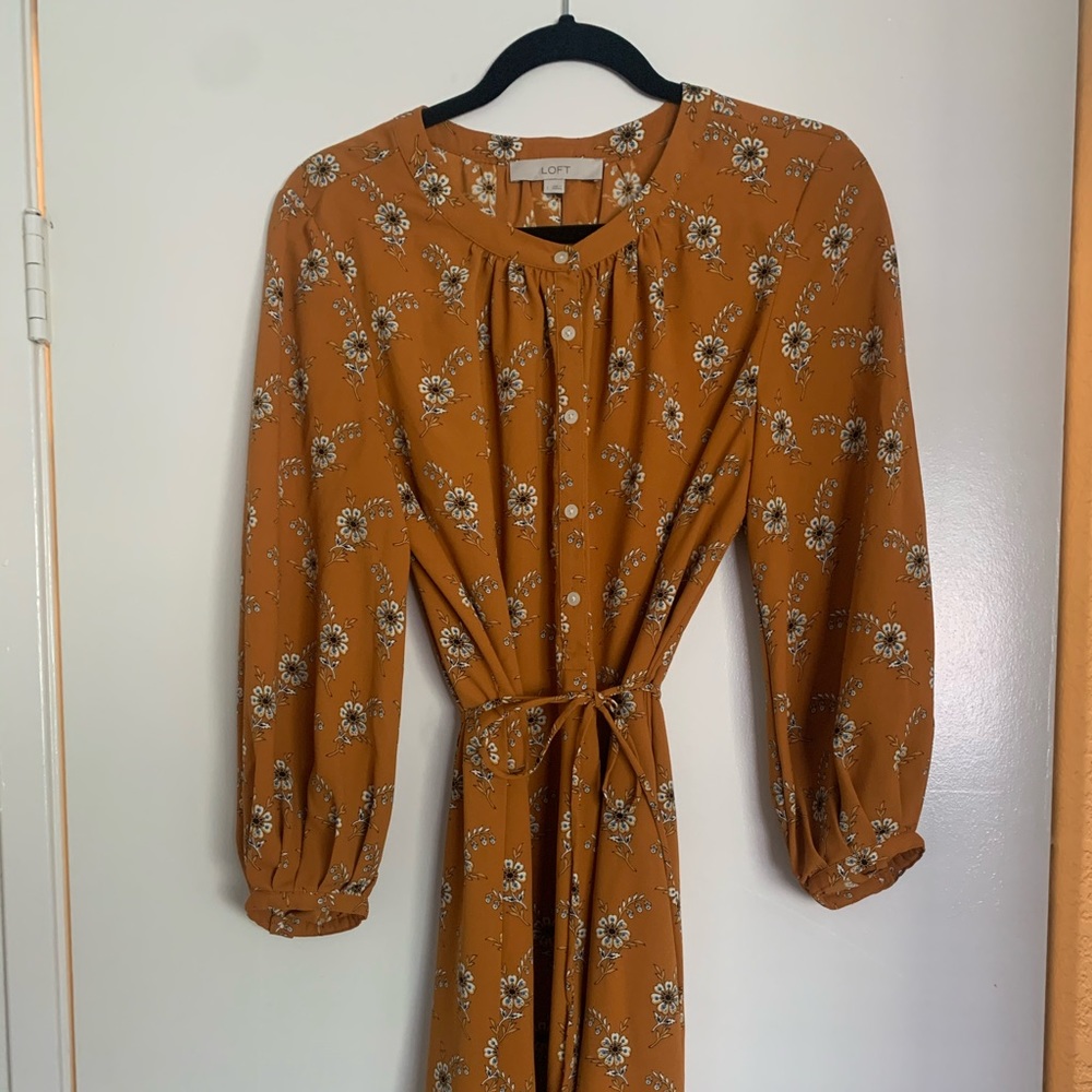 LOFT Long Sleeve Tie-waist Mustard Dress